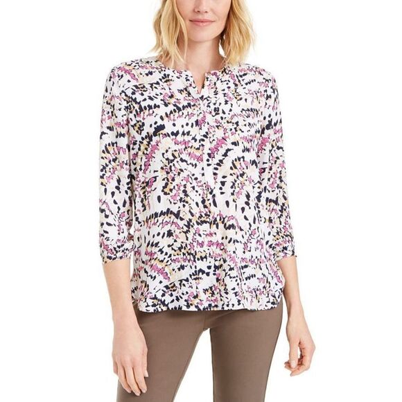 JM Collection Printed Pleat-Back Top Pink Dahlia Combo M - Picture 1 of 3